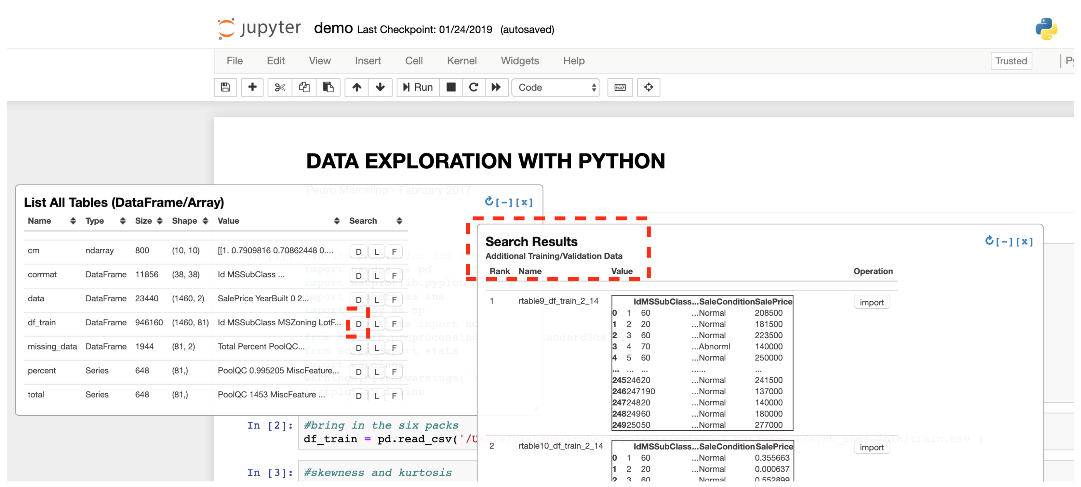 Example of finding useful datasets in Jupyter Notebook.